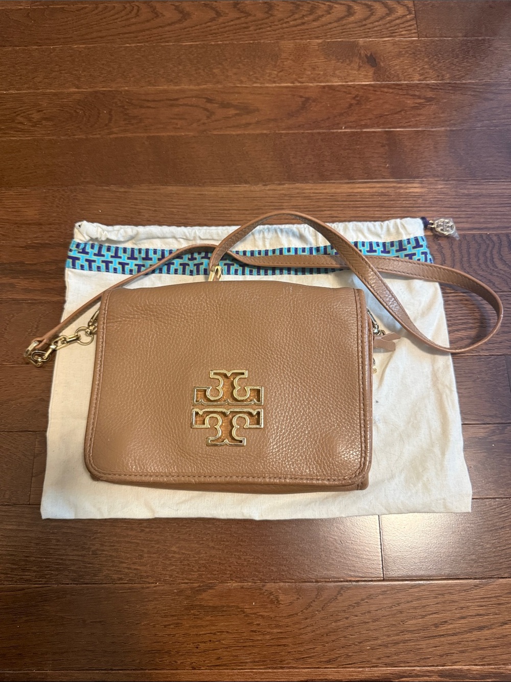 Tory Burch Tan Pebbled Leather Crossbody with Gold Logo